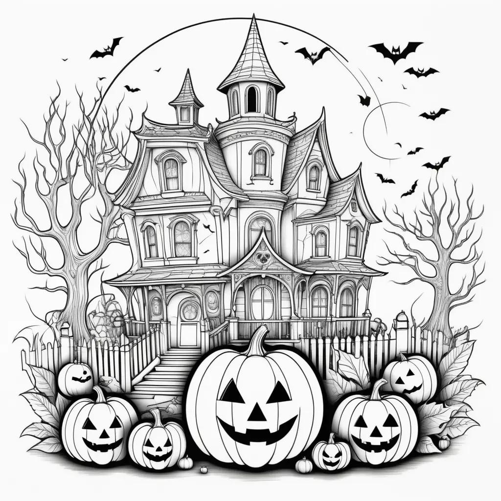 Free Halloween Coloring Pages Printable - A black and white illustration of a spooky house with pumpkins