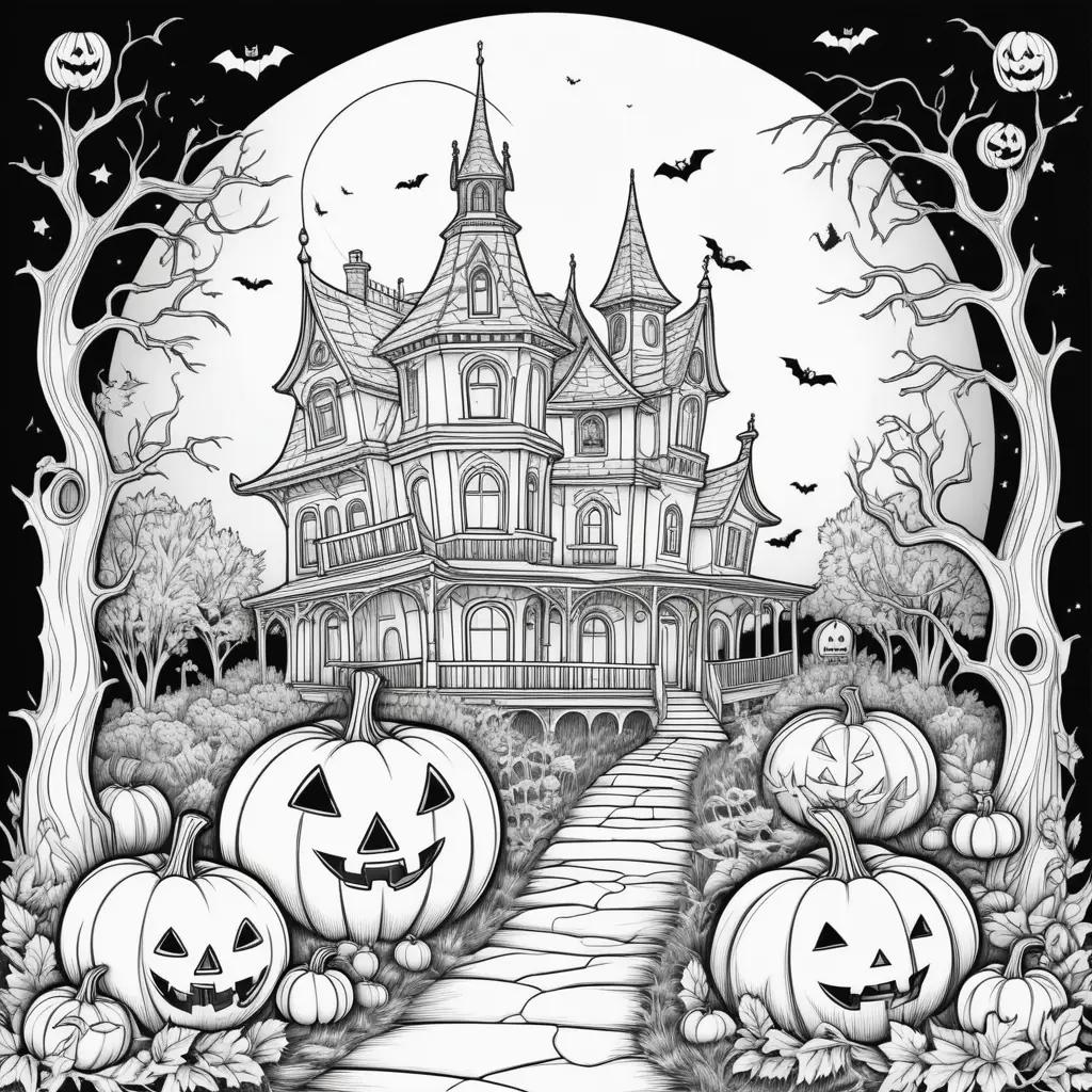 Free Halloween Coloring Pages Printable - A spooky scene with a castle and pumpkins