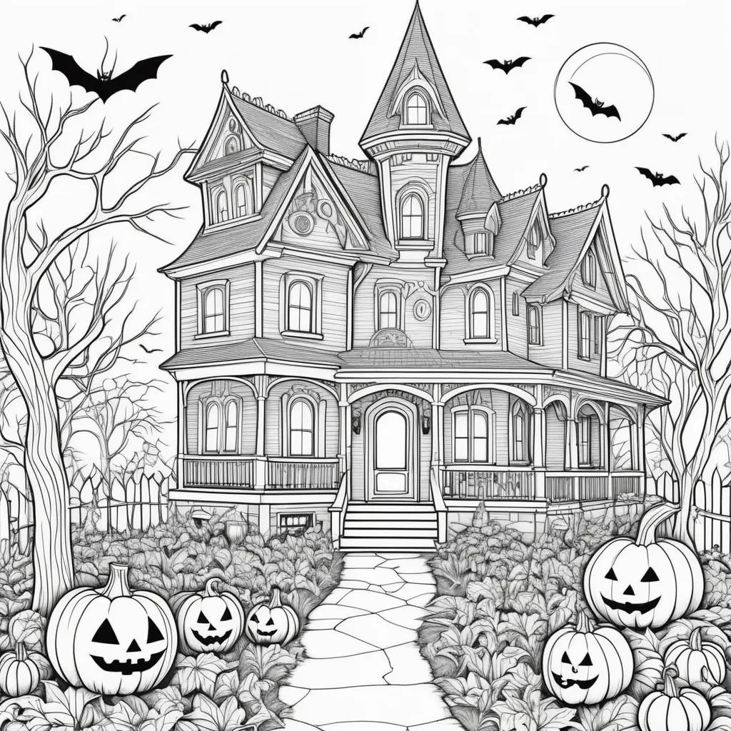 Free Halloween Coloring Pages with Halloween Houses and Pumpkins