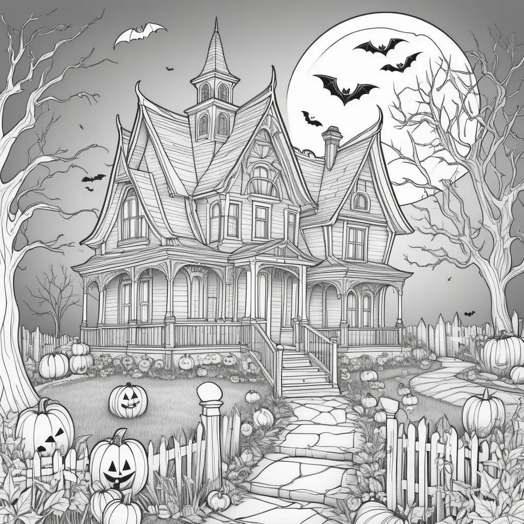 Free Halloween coloring pages featuring a spooky house and bats