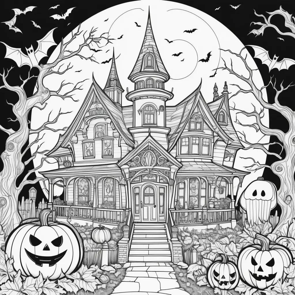 Free Halloween coloring pages featuring a spooky house and pumpkins