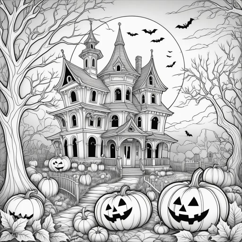 Free Halloween coloring pages of a creepy house and pumpkins