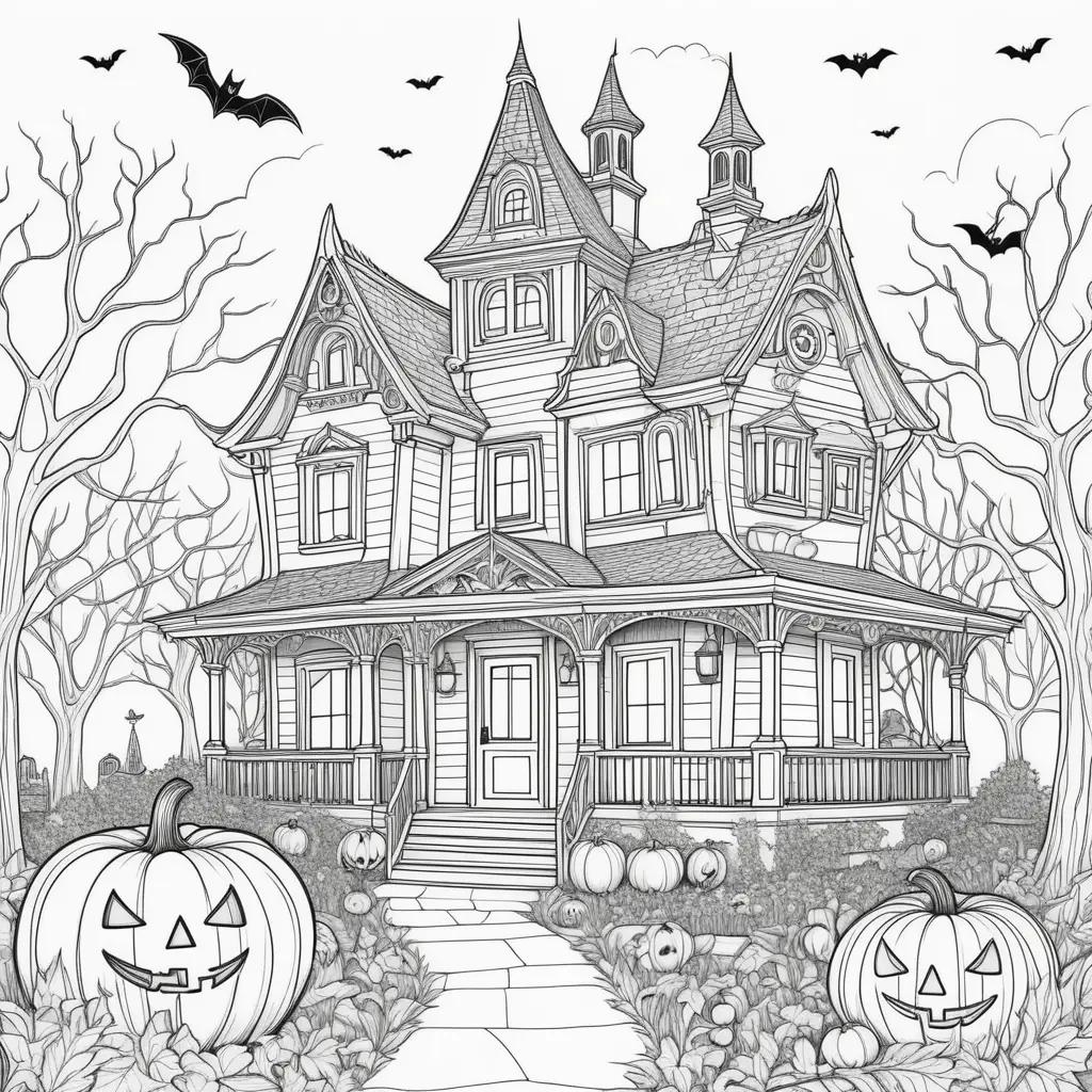 Free Halloween coloring pages of a house with pumpkins