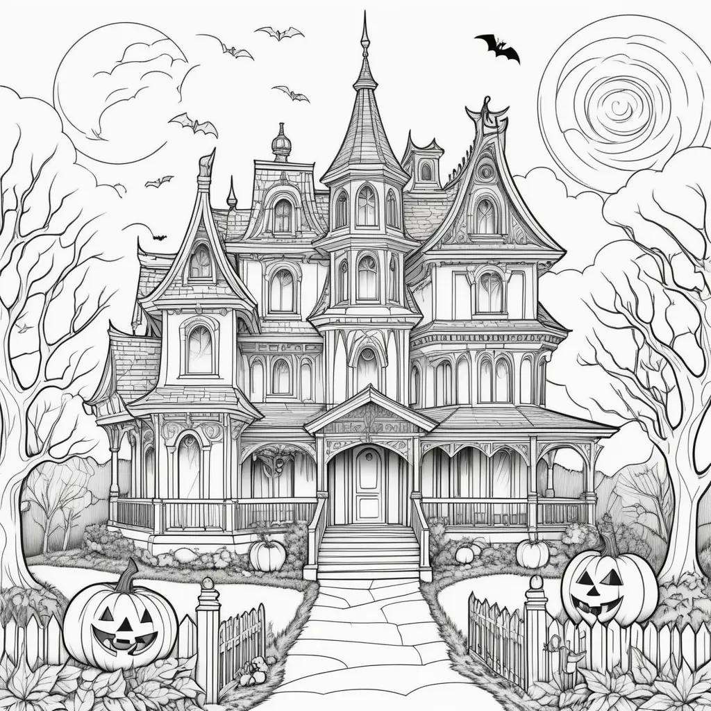 Free Halloween coloring pages of a scary house with pumpkins