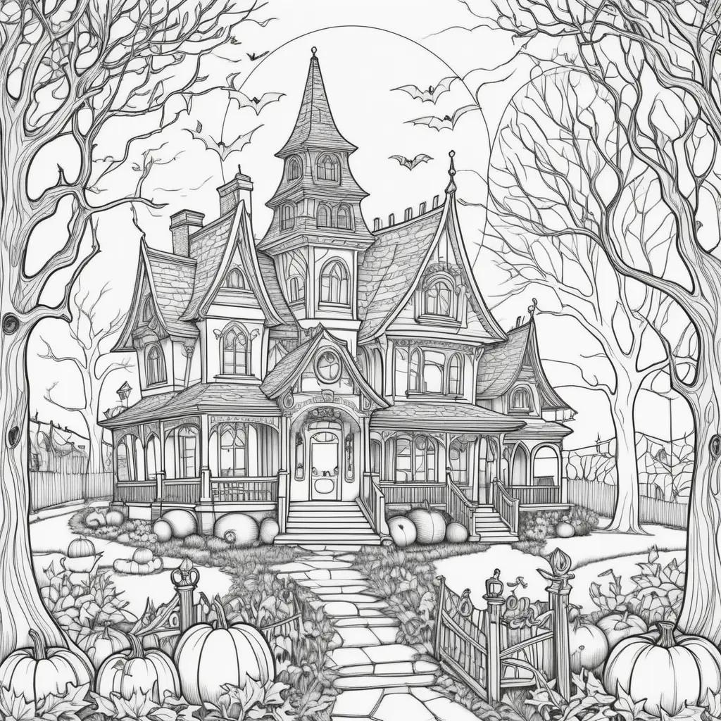 Free Halloween coloring pages of a spooky house with pumpkins