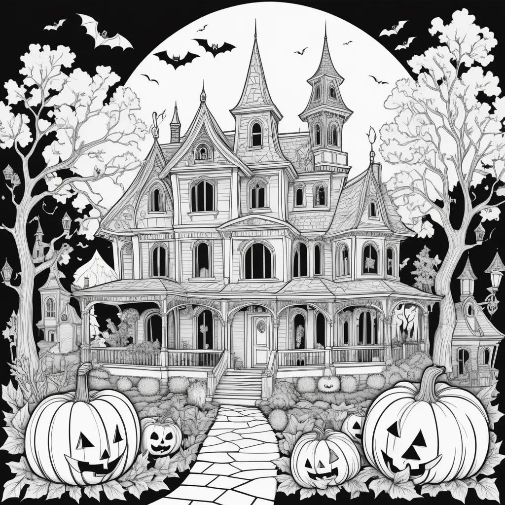 Free Halloween coloring pages with spooky house and pumpkins