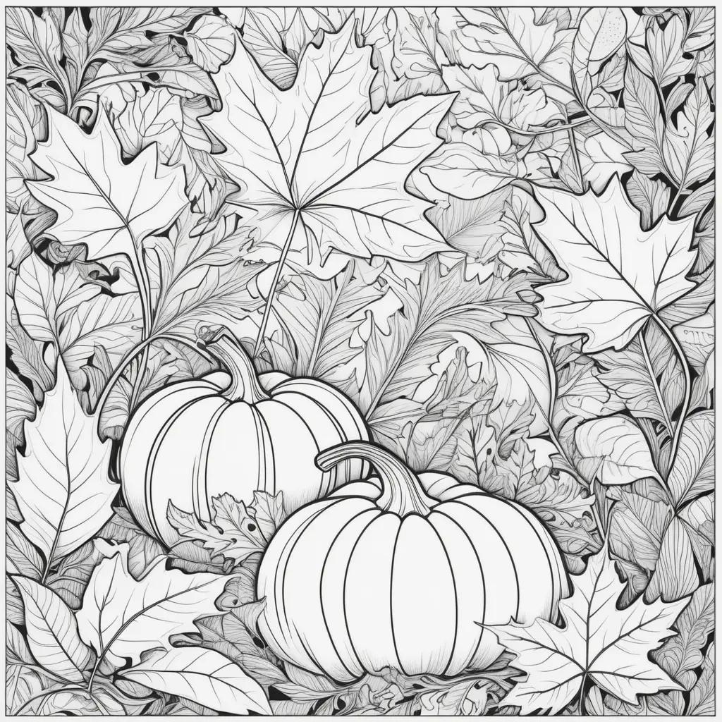 無料の印刷可能な秋のぬりえ:カボチャと葉