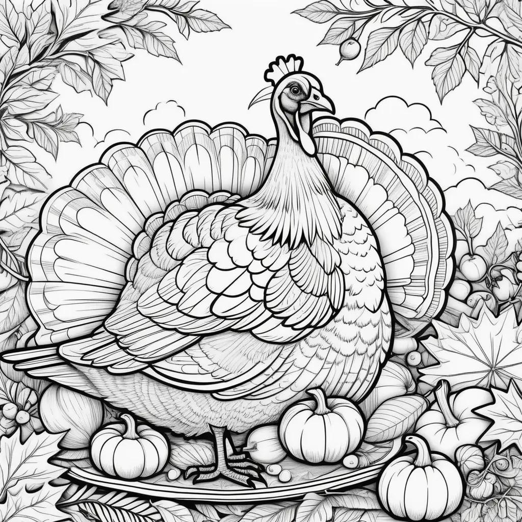 Free Thanksgiving coloring pages featuring a turkey and pumpkins