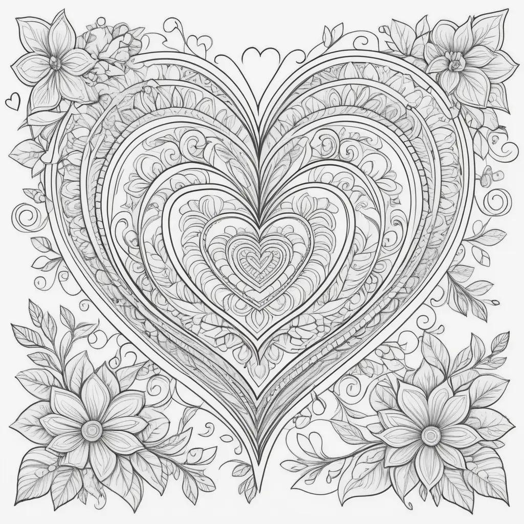 Free Valentines Day Coloring Pages: Heart Flowers and Leaves