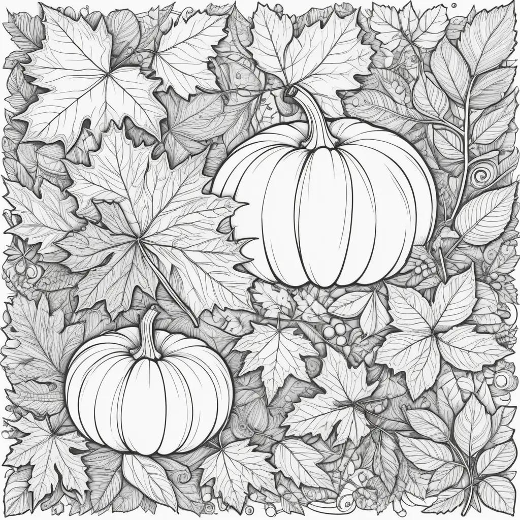 Free autumn coloring pages featuring pumpkins and leaves