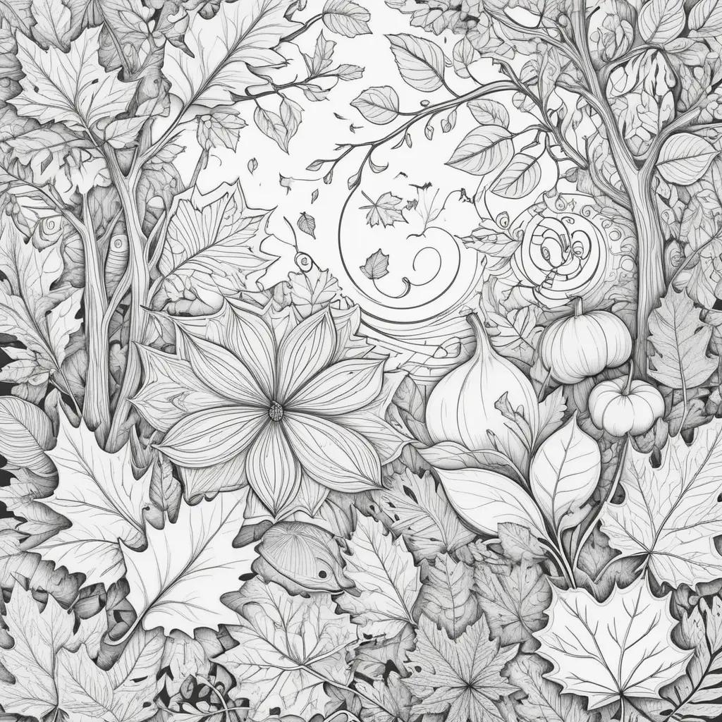 Free autumn coloring pages with black and white illustrations of leaves and flowers