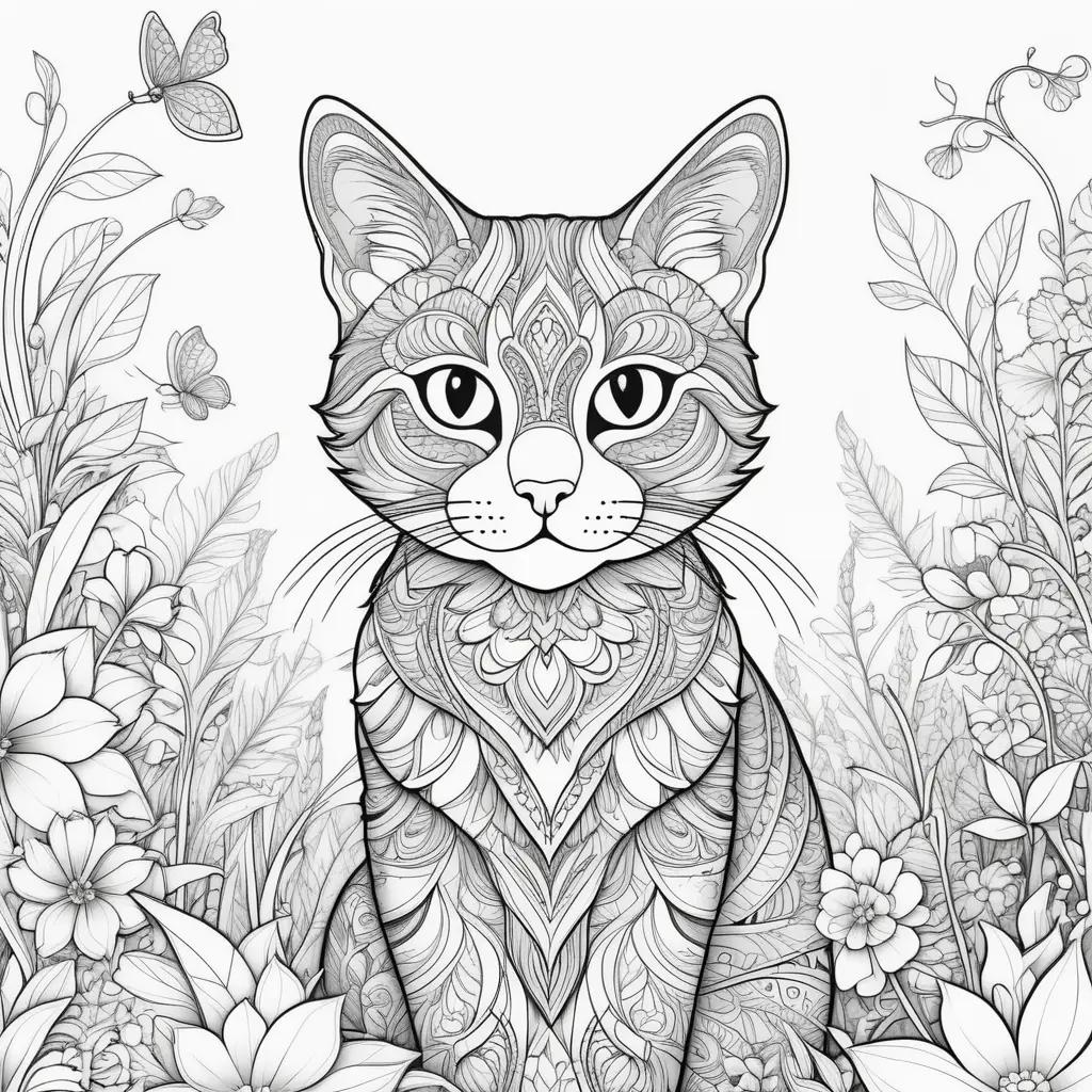 Free cat coloring pages with patterns and flowers