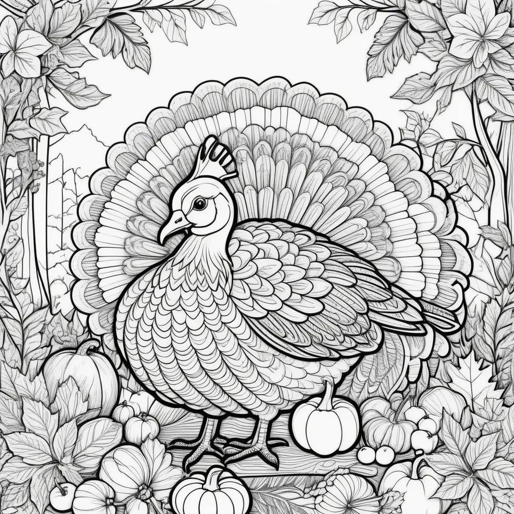 Free coloring page of a turkey on a tree with leaves