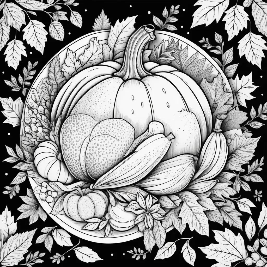 Free coloring pages featuring a plate of seasonal fruits and vegetables