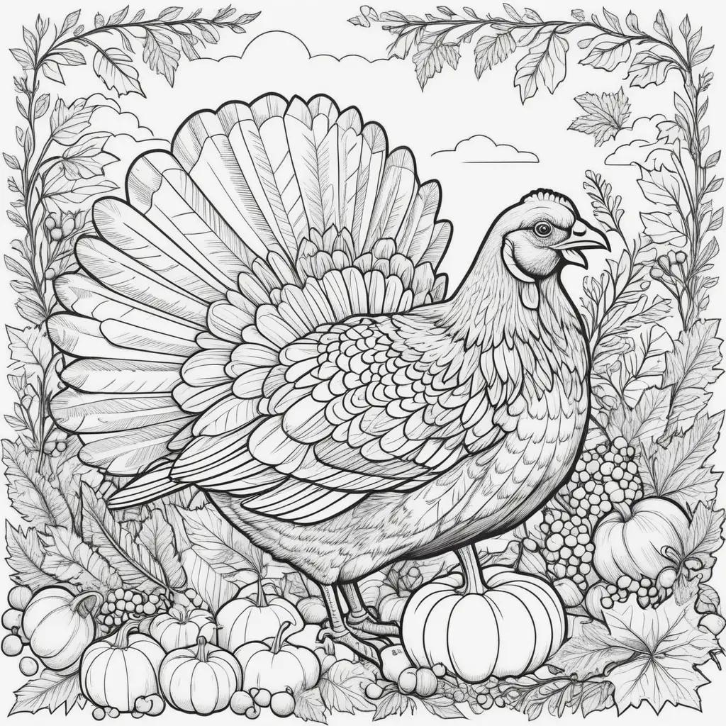 Free coloring pages for Thanksgiving featuring a turkey and pumpkins