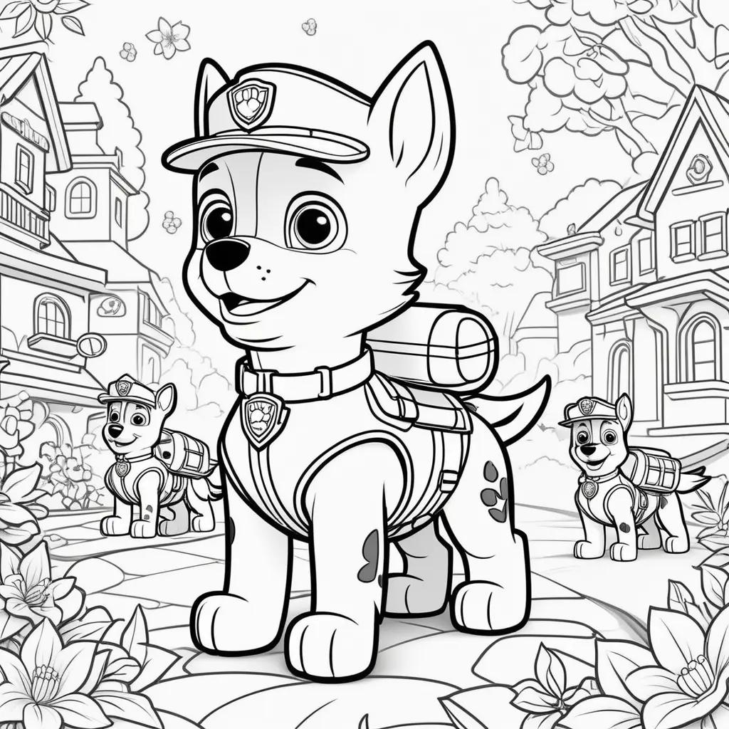 Free coloring pages of Paw Patrol characters with a house and flowers in the background