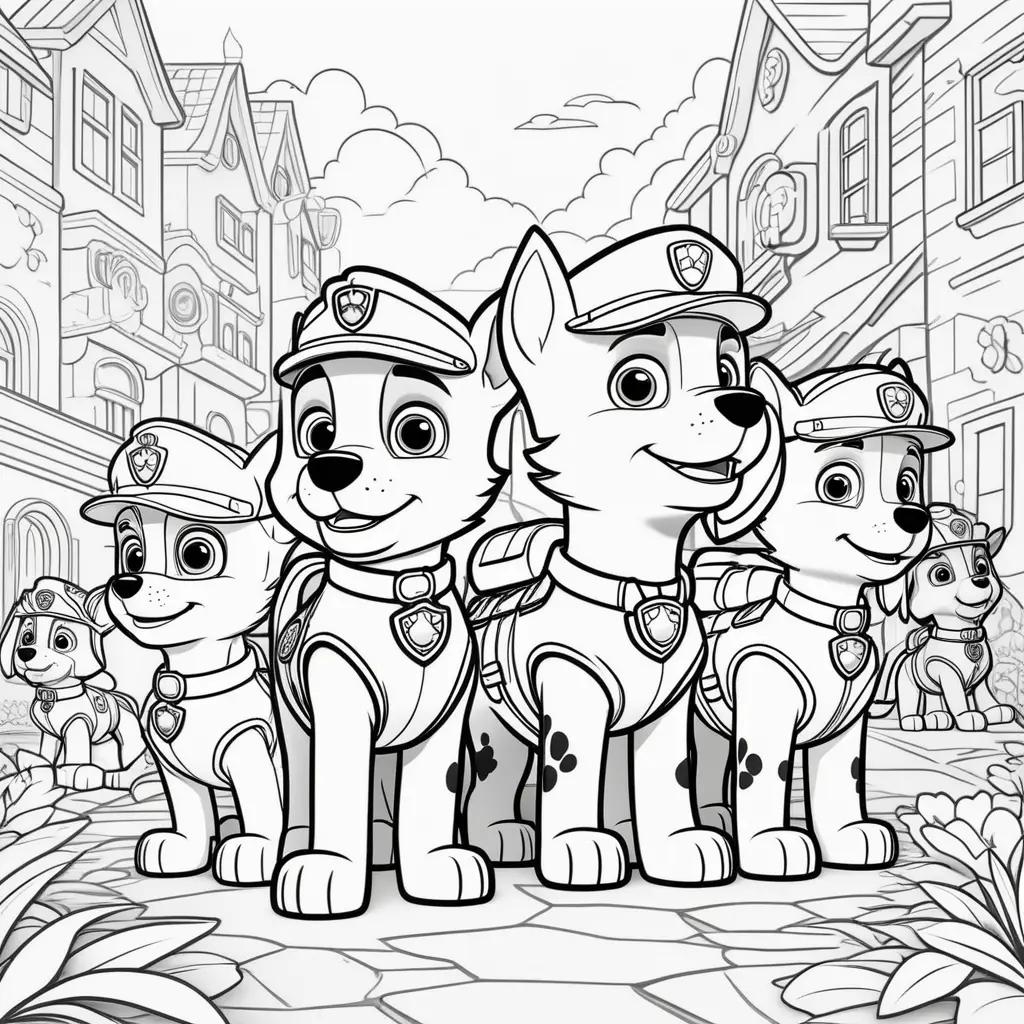 Free coloring pages of Paw Patrol dogs in the city