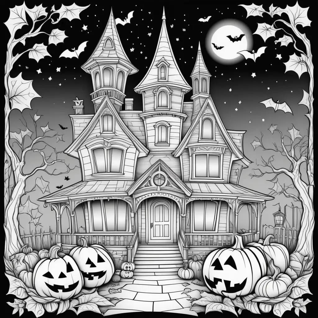 Free coloring pages of a Halloween house with pumpkins and bats