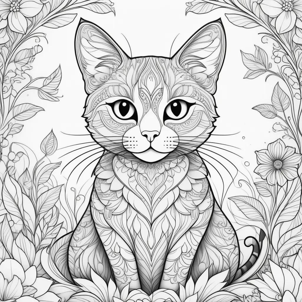 Free coloring pages of a free cat with a floral background