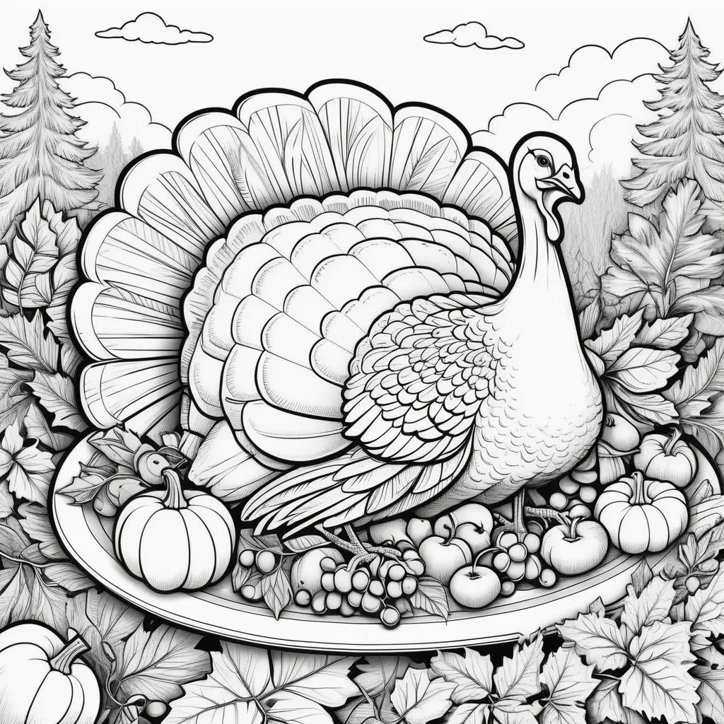 Free coloring pages of a turkey and other Thanksgiving food