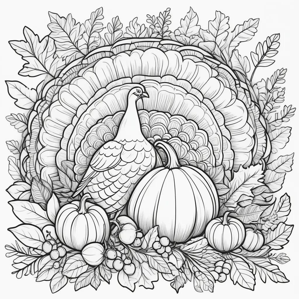 Free coloring pages of a turkey and pumpkins for Thanksgiving