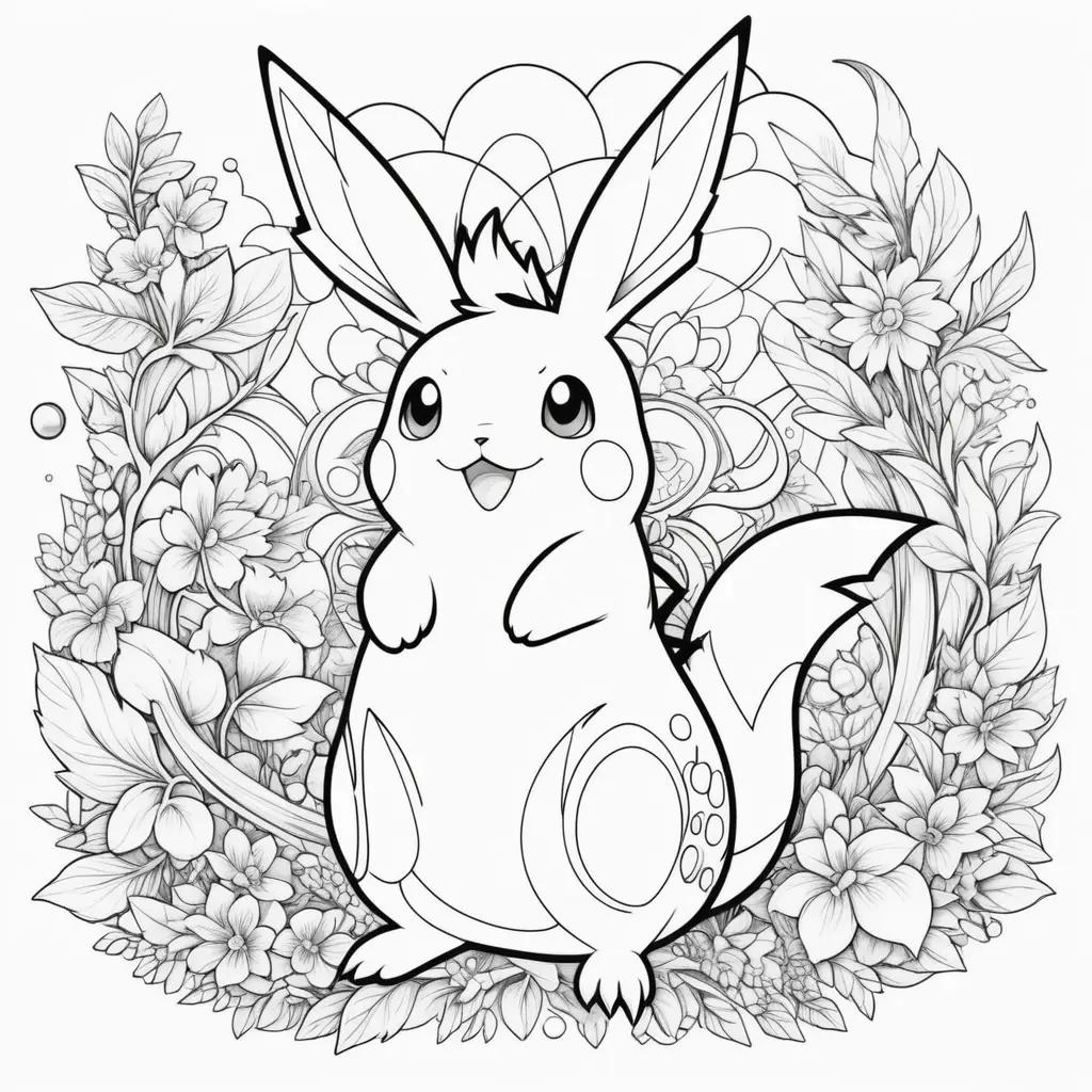 Free coloring pages of cute pokemon in a flower garden