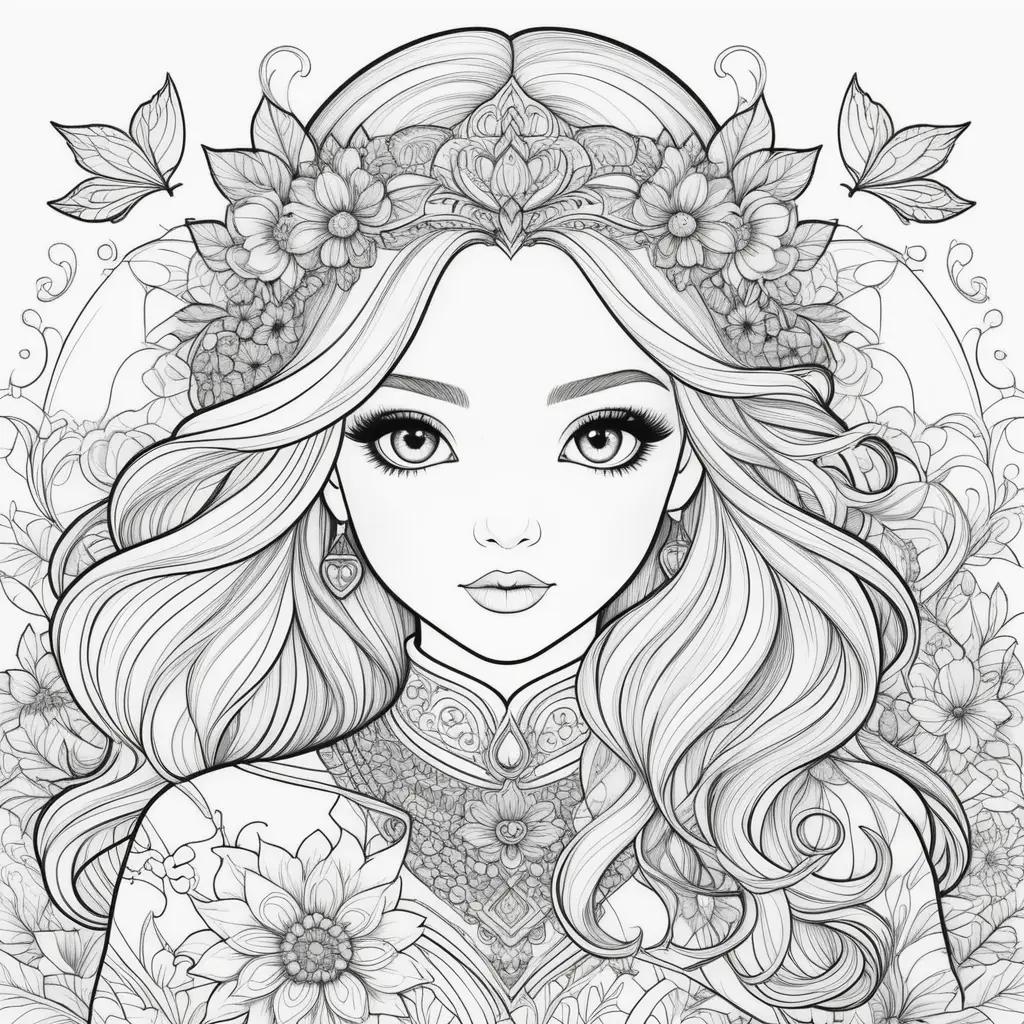 Free coloring pages with princess, flowers, and jewelry