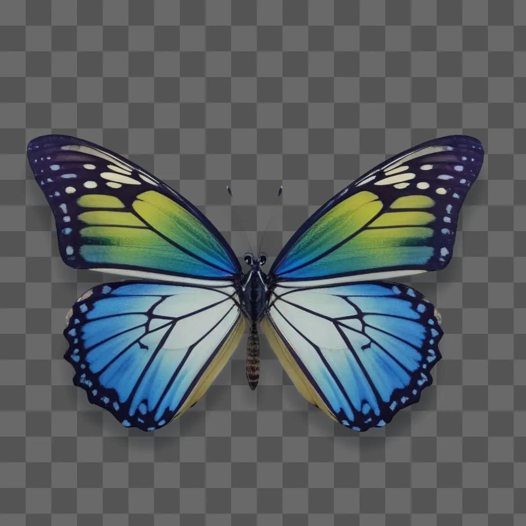 Free-flying butterfly with blue and yellow wings