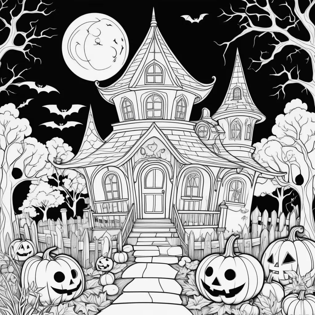 Free printable Halloween coloring pages featuring a scary house and pumpkins