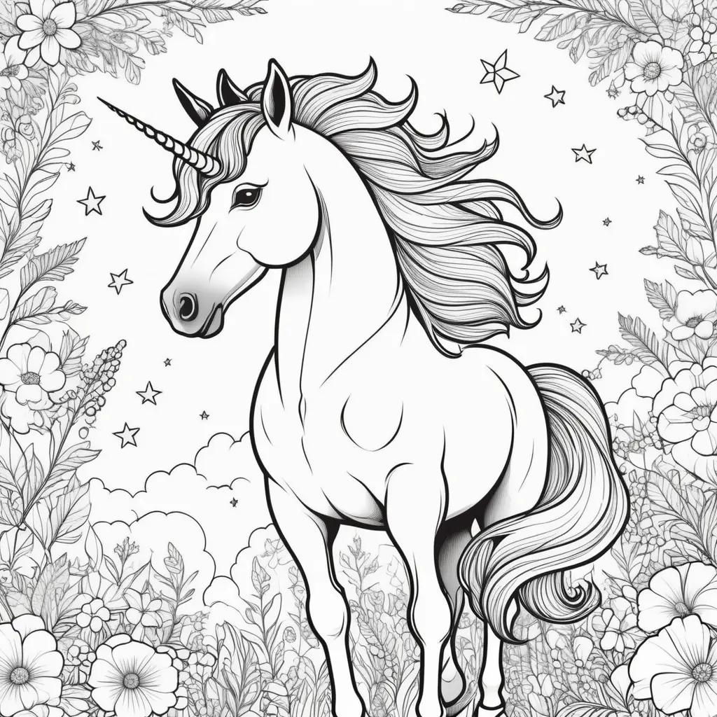 Free printable coloring pages featuring a unicorn with flowers and stars in the background