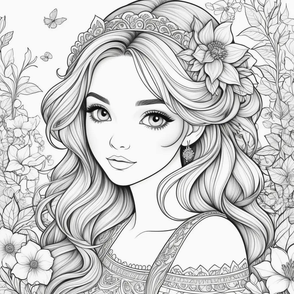 Free printable coloring pages for girls featuring a princess and flowers