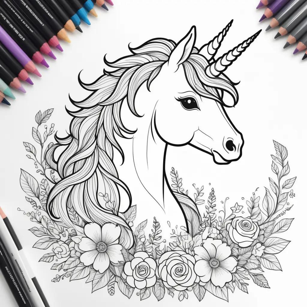 Free printable coloring pages of a unicorn with flowers and crayons