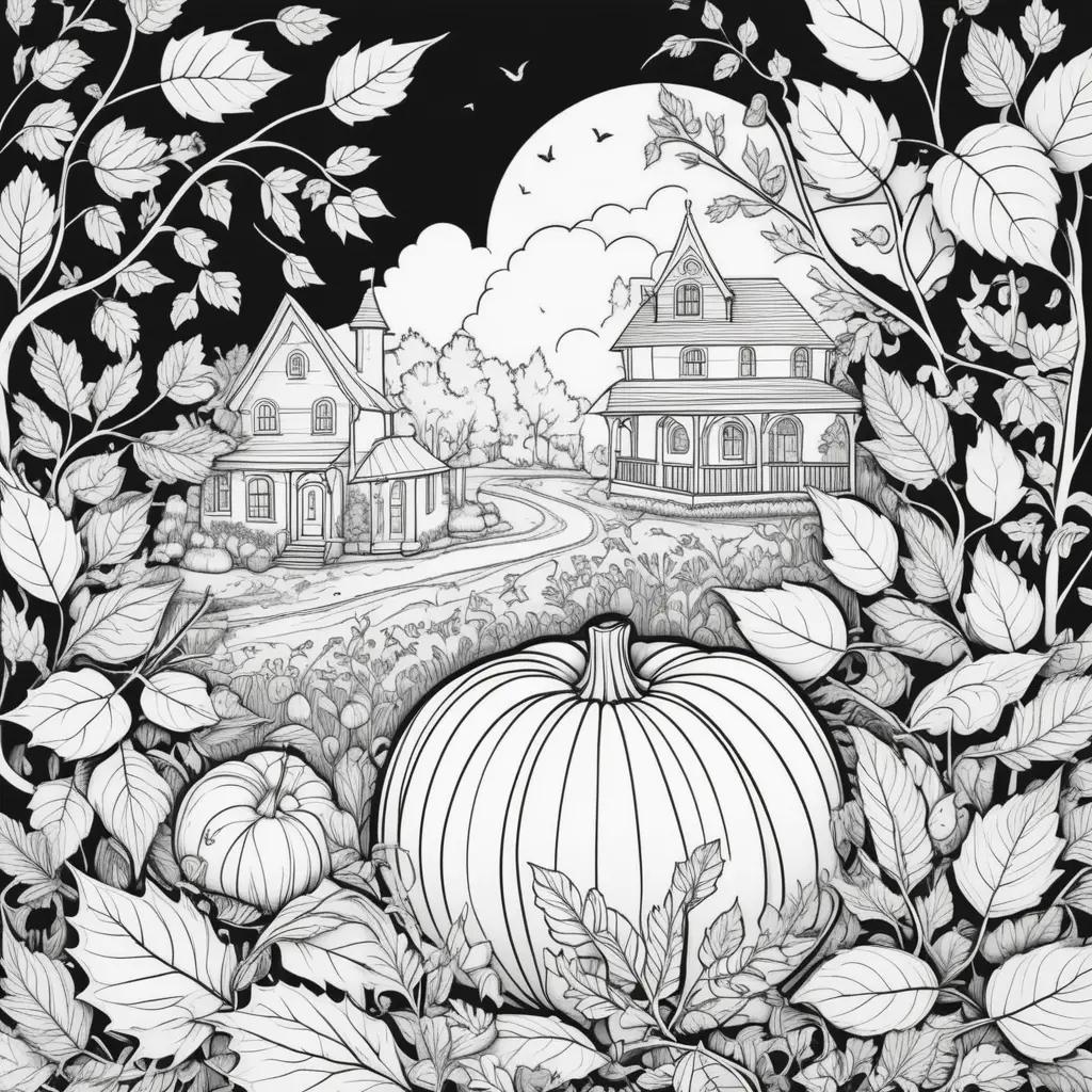 無料の印刷可能な秋のぬりえ:カボチャ、家、月、葉