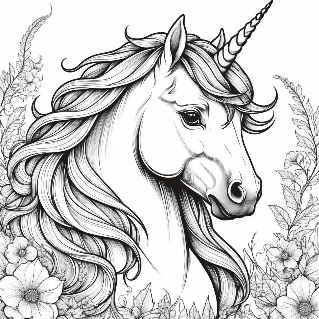 Free printable unicorn coloring pages featuring a black and white unicorn with long hair