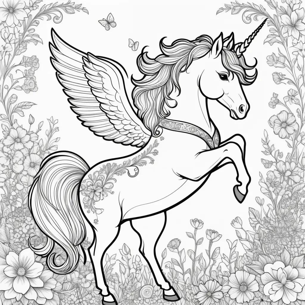 Free printable unicorn coloring pages with a beautiful flower garden background