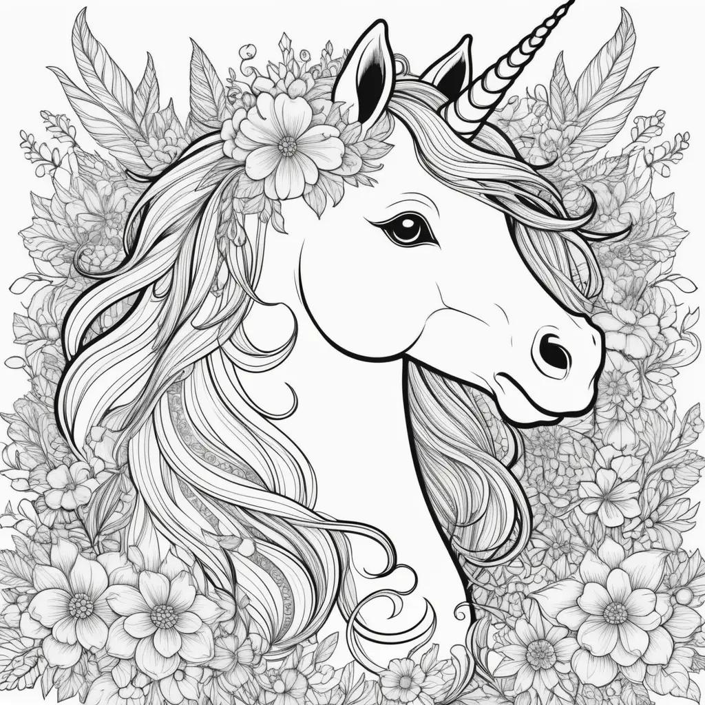 Free printable unicorn coloring pages with flowers and leaves