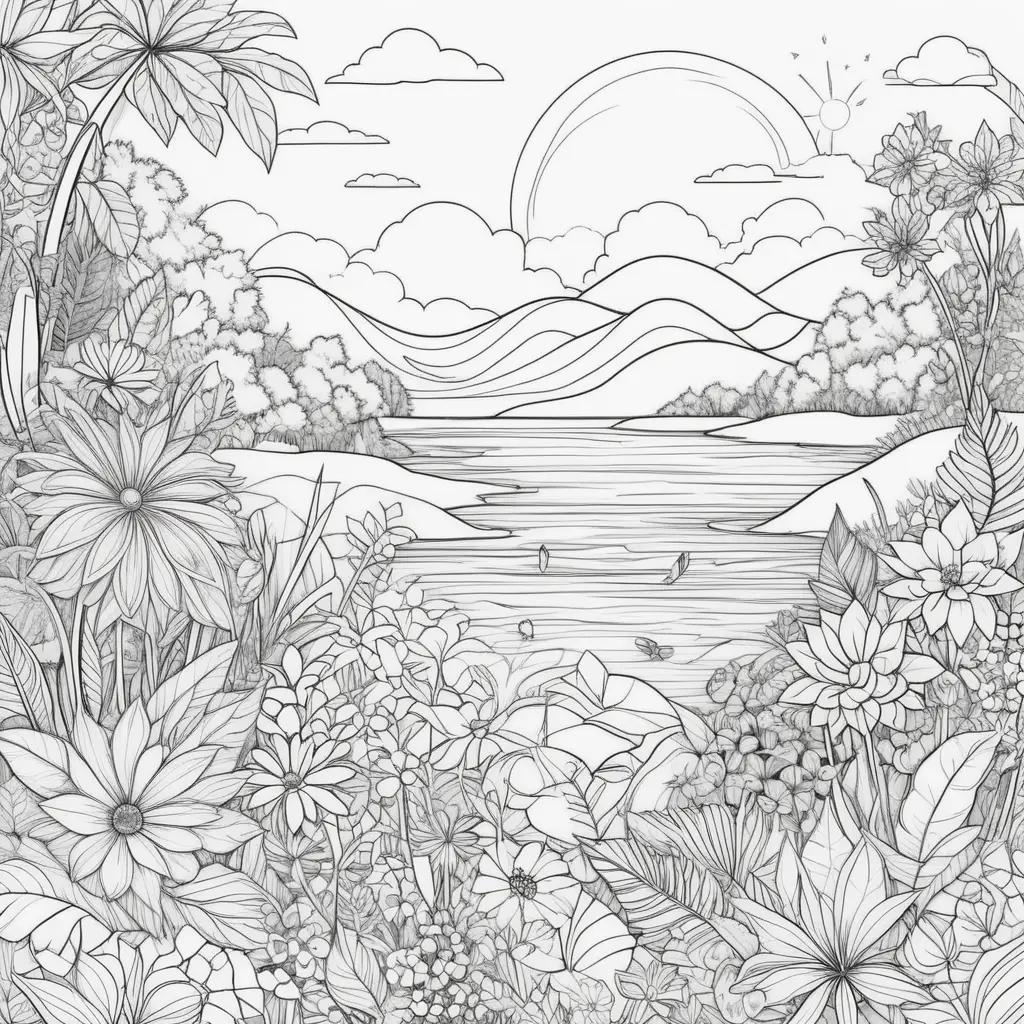 Free summer coloring pages of nature with a lake and mountains