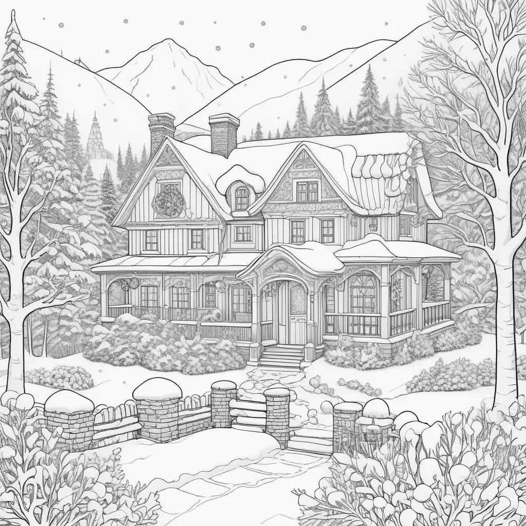 Free winter coloring pages of a house in the woods