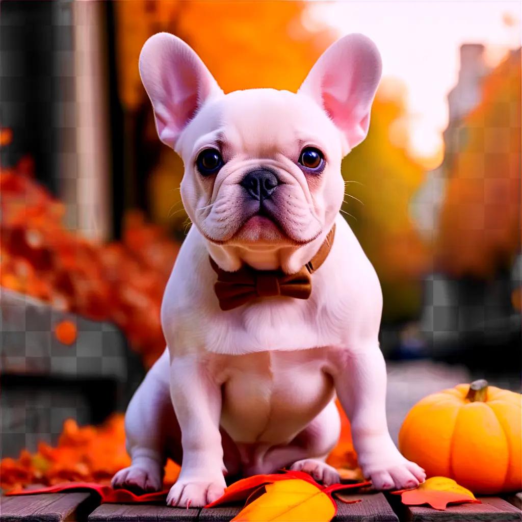 French Bulldog sits in autumn leaves with a pumpkin