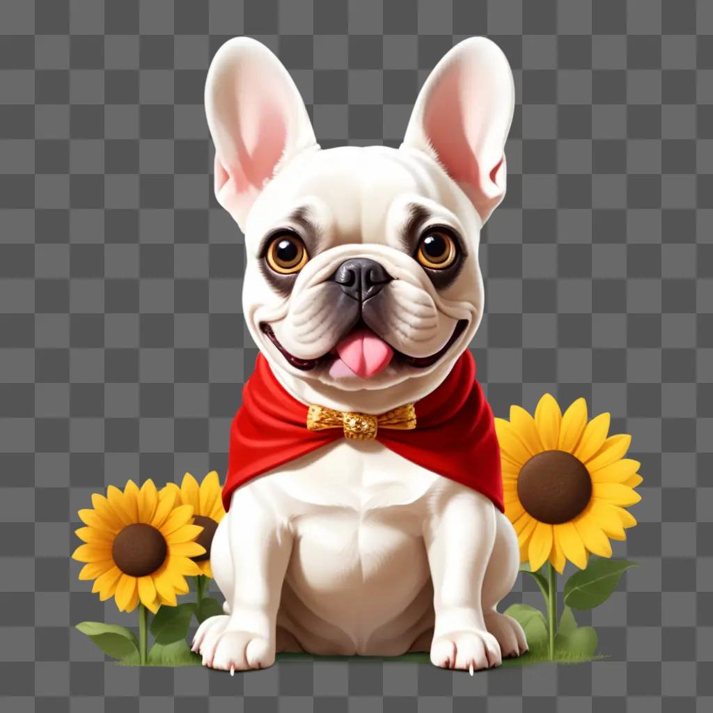 French Bulldog sits with sunflowers in a cartoon setting