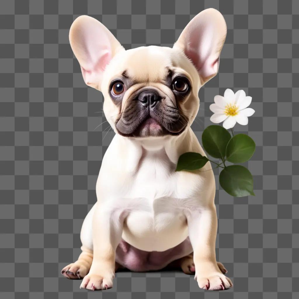 French bulldog sitting with flower in mouth