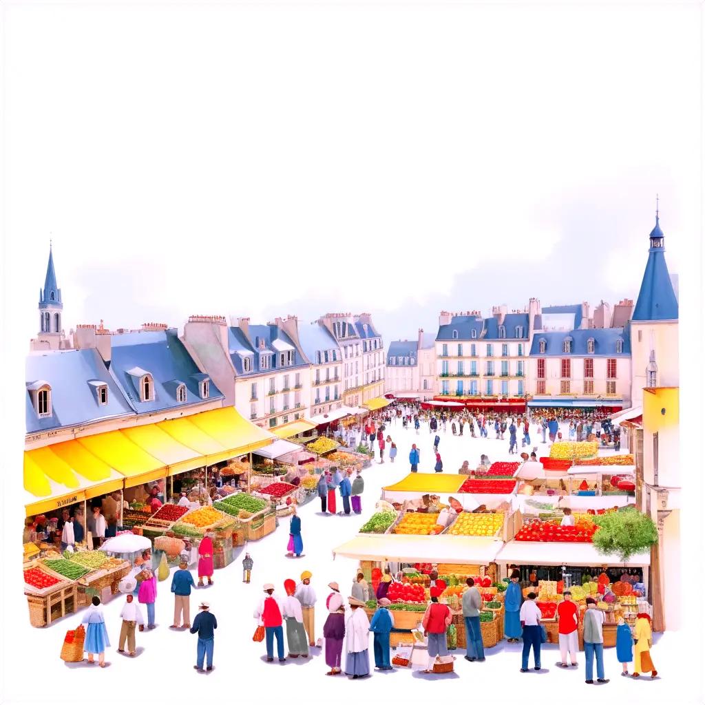 French market with people and colorful produce