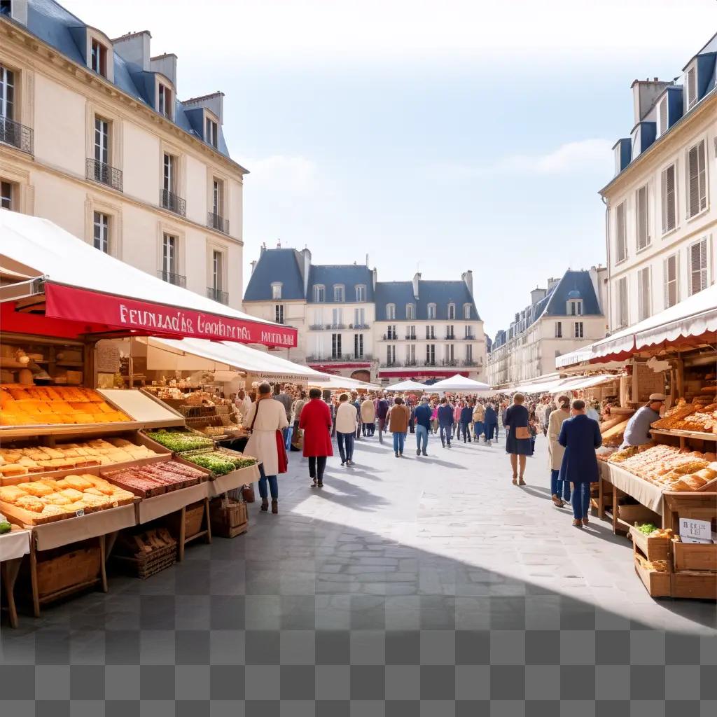 French street market with vendors and shoppers