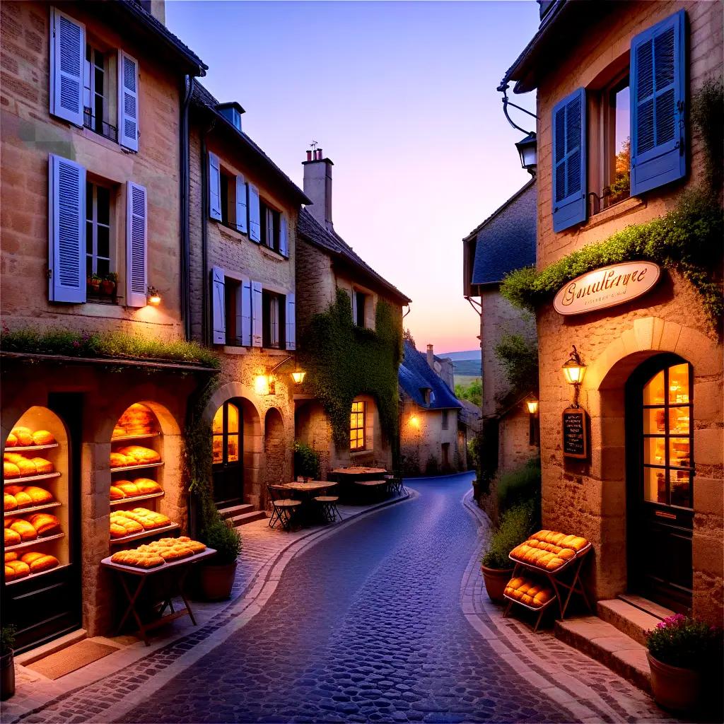 French village at dusk with lit storefronts and street lights