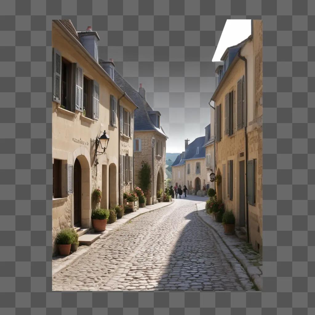 French village street with stone houses and flower pots