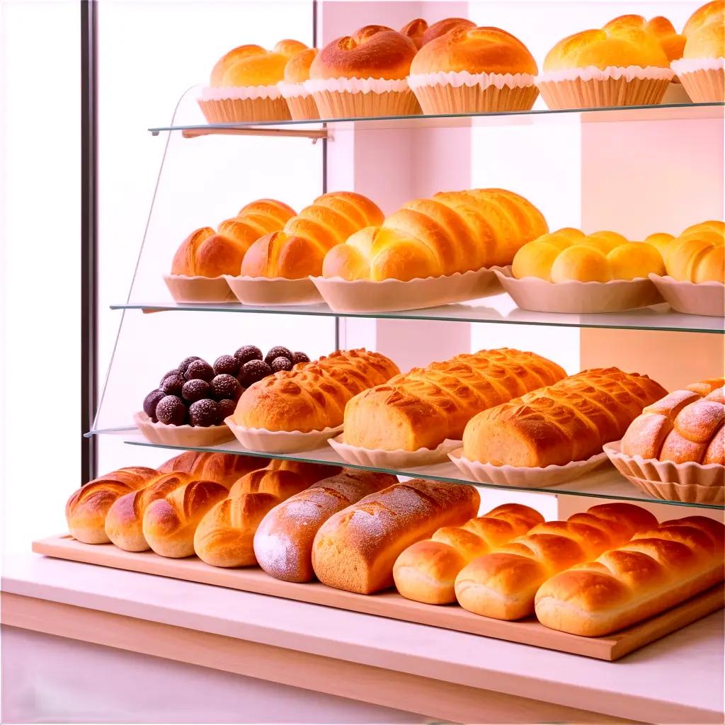 Fresh baked breads and pastries displayed in a bakery