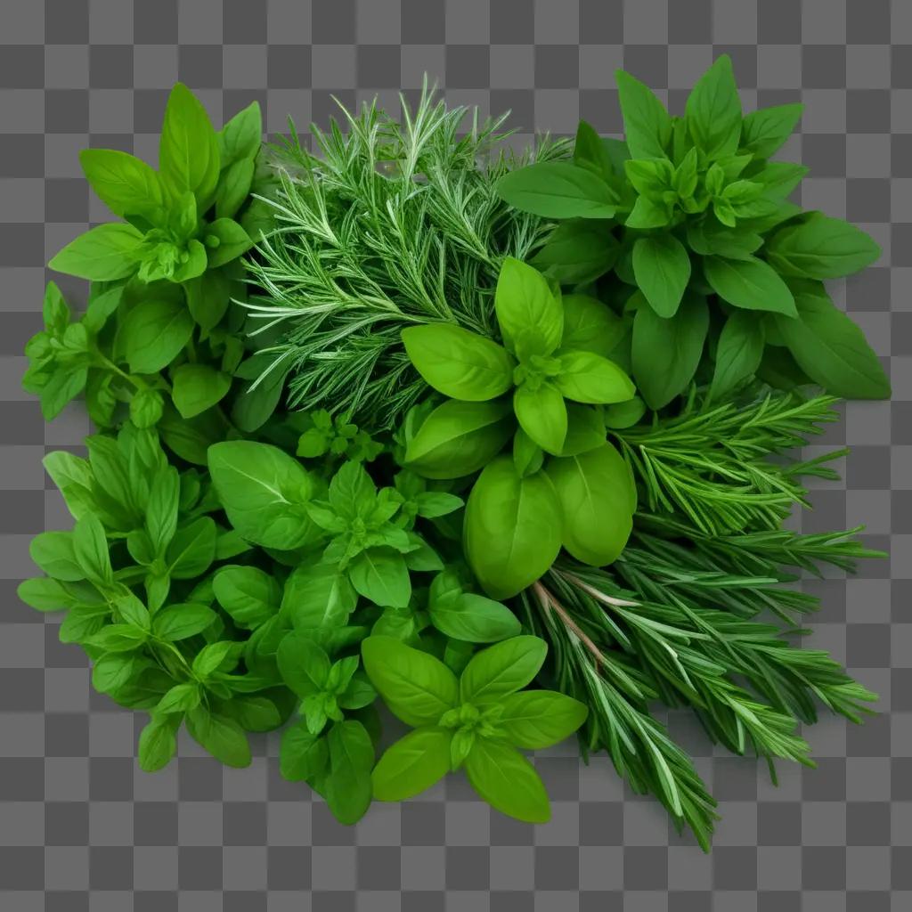 Fresh herbs in a green bowl on a green background