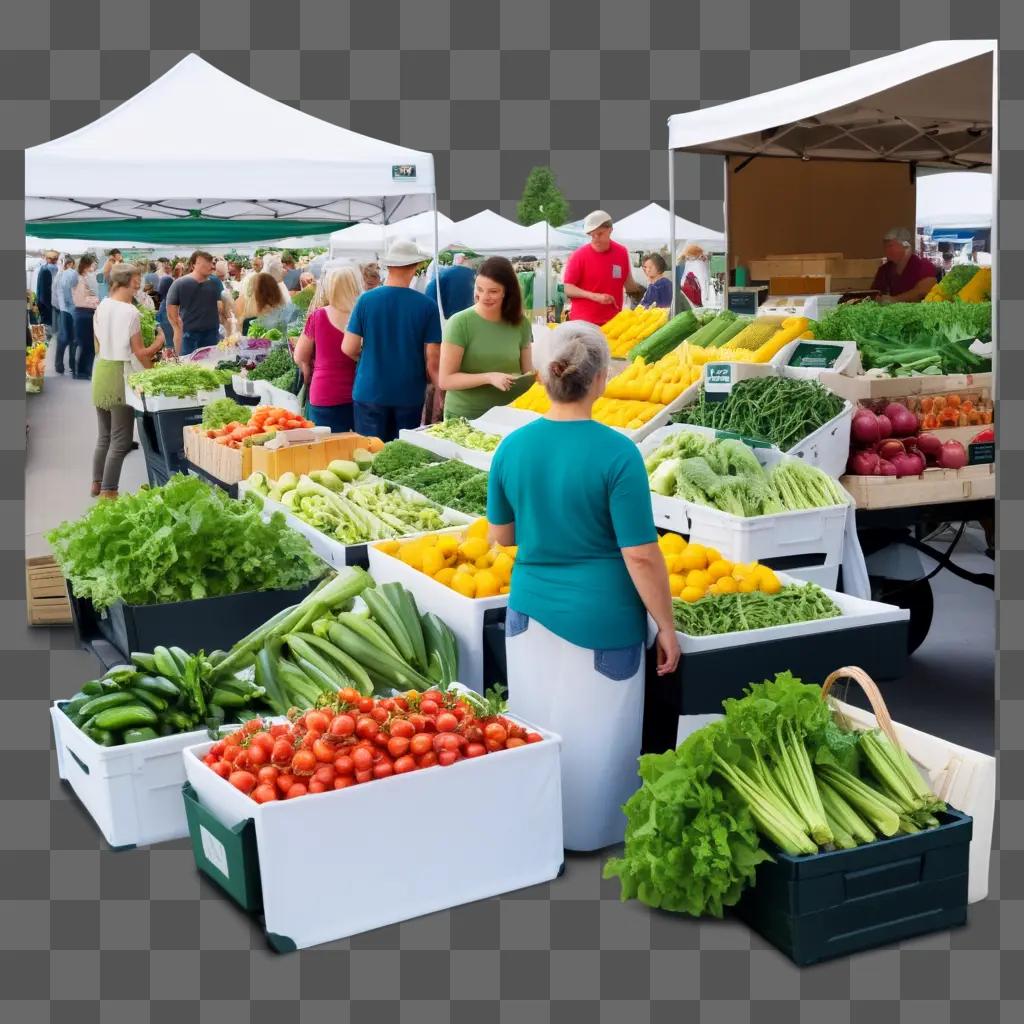 Fresh produce at farmers market, people shopping and selling