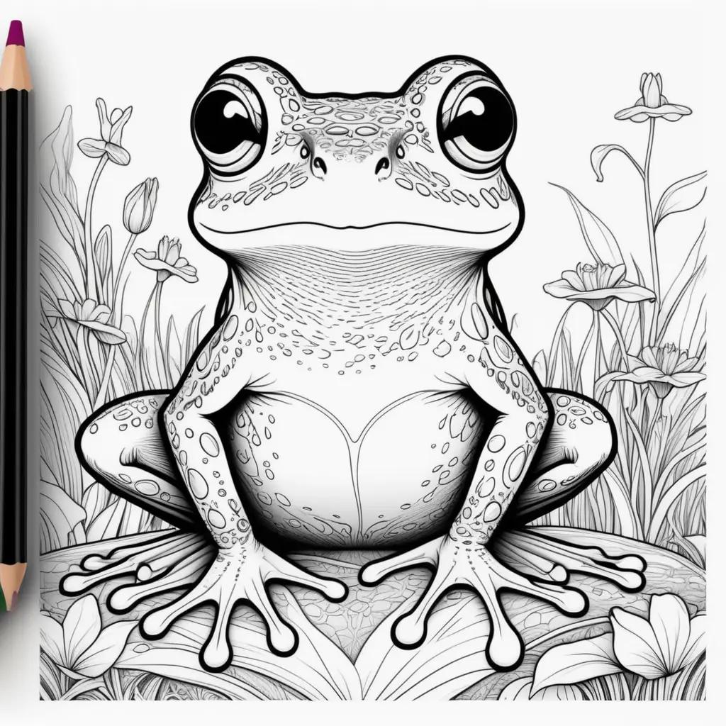 Frog Coloring Page with Flowers and a Pencil