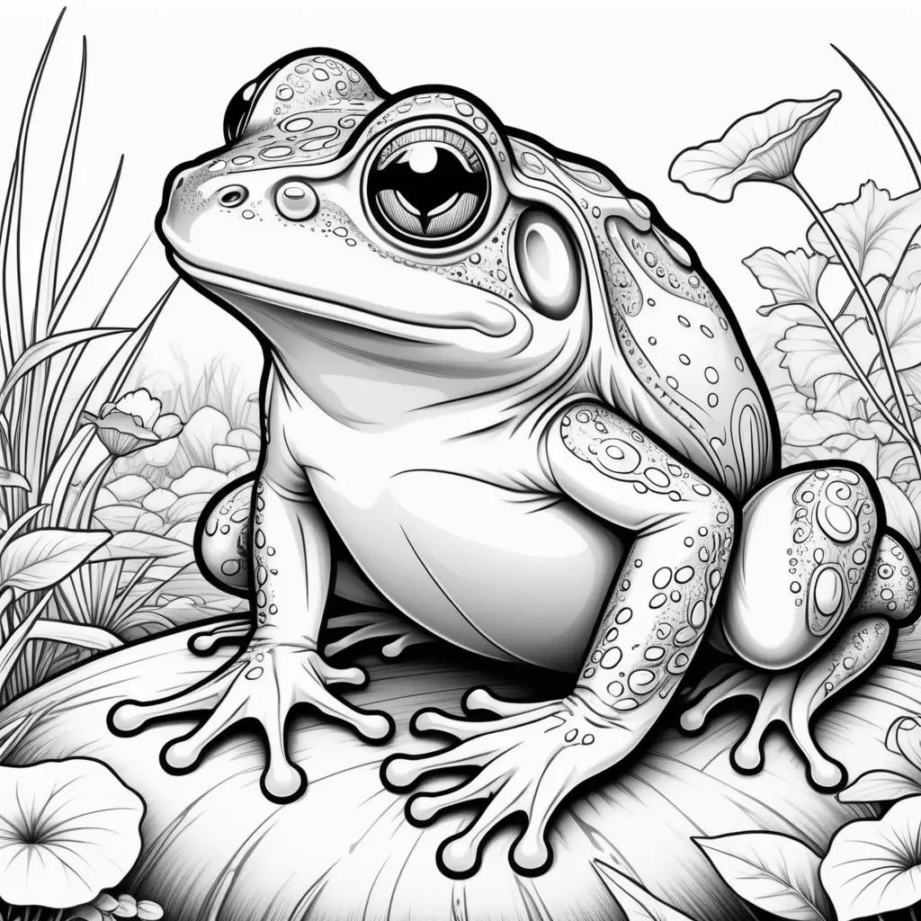 Frog Coloring Pages features a black and white illustration of a frog sitting on a rock